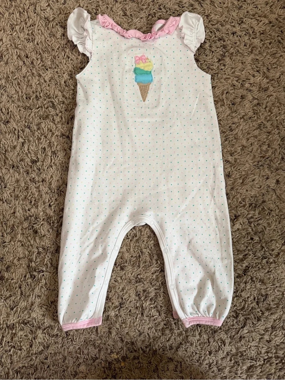 Magnolia White Romper with Pink Trim and Multicolor Ice Cream Applique